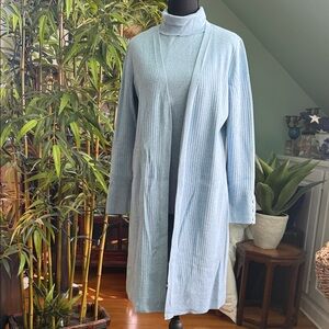 Light Blue Ribbed Knit Cardigan and Turtleneck Set